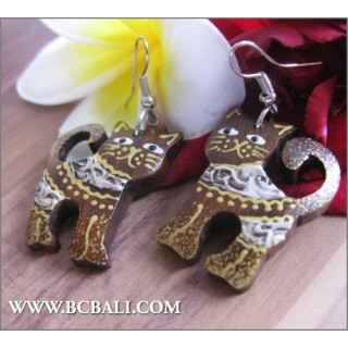 Handmade Wooden Earrings Cat Coloring Carving